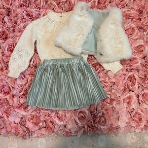 Cream Sweater and Mint Green Skirt Set with Faux Fur Vest